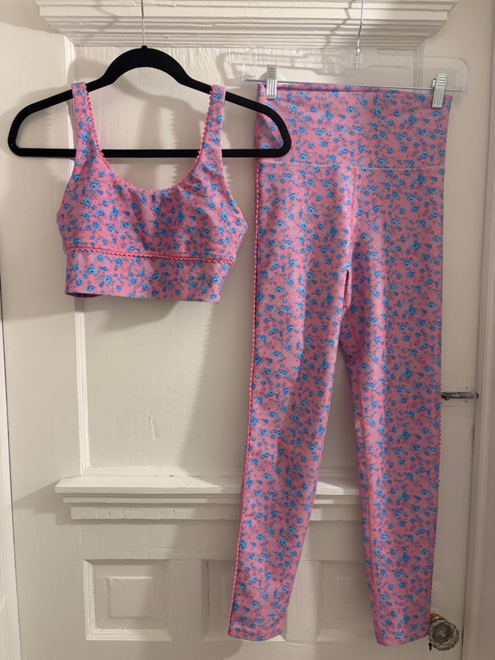 LoveShackFancy X Beach Riot Pink and Blue Floral Sports Bra and Leggings Set - Picture 2 of 16